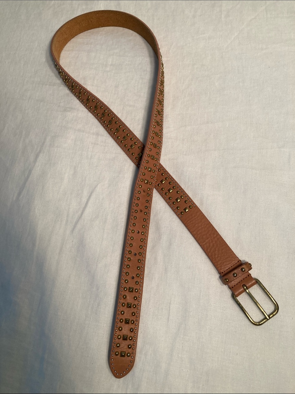 J.Crew Studded Tan caramel Leather Belt Brass Buckle M - Picture 3 of 16